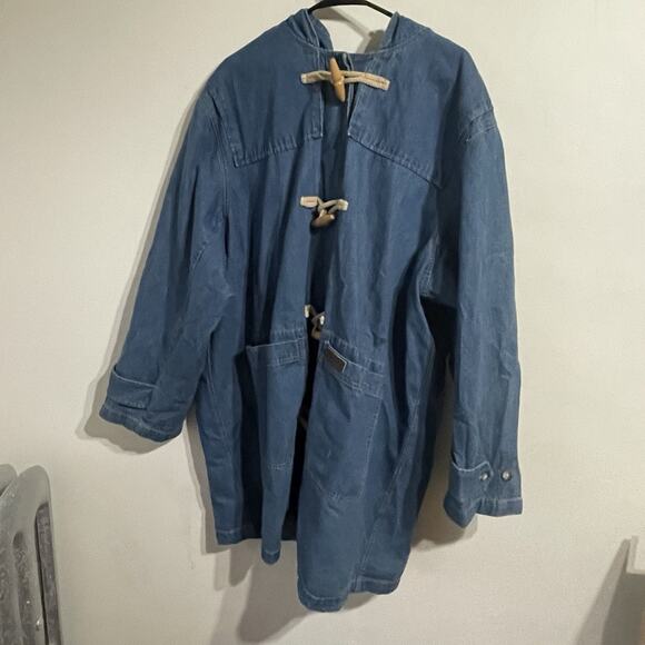 Vintage Denim & Co Duffle Chore Coat Womens 2XL Hooded 90s Long Blue Denim Togs - Picture 8 of 15